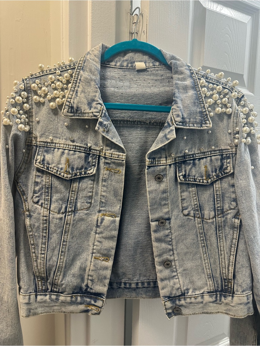 Kedera Pearl-Embellished Light Wash Denim Jacket